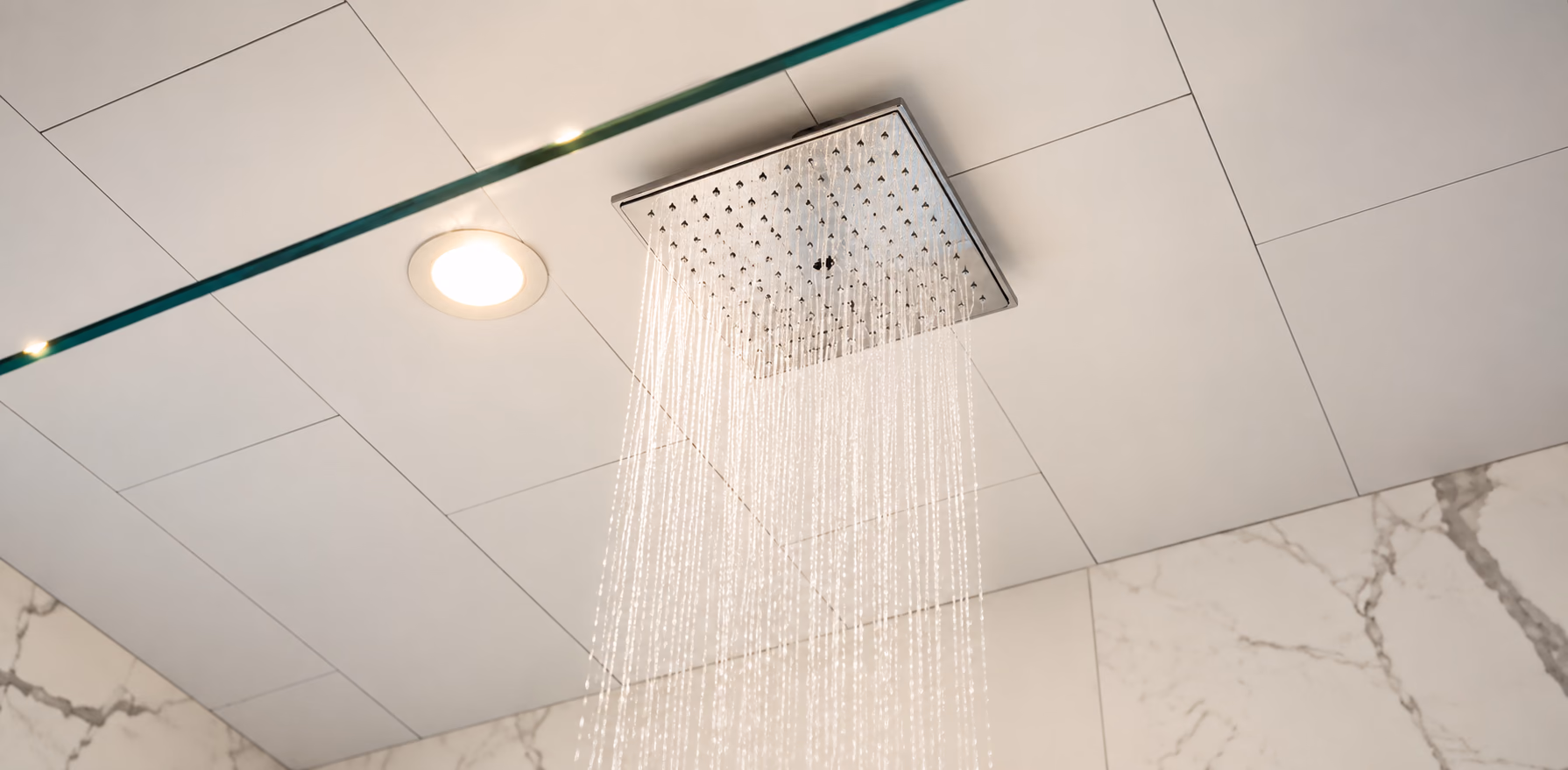Ceiling-mounted square rain shower head running