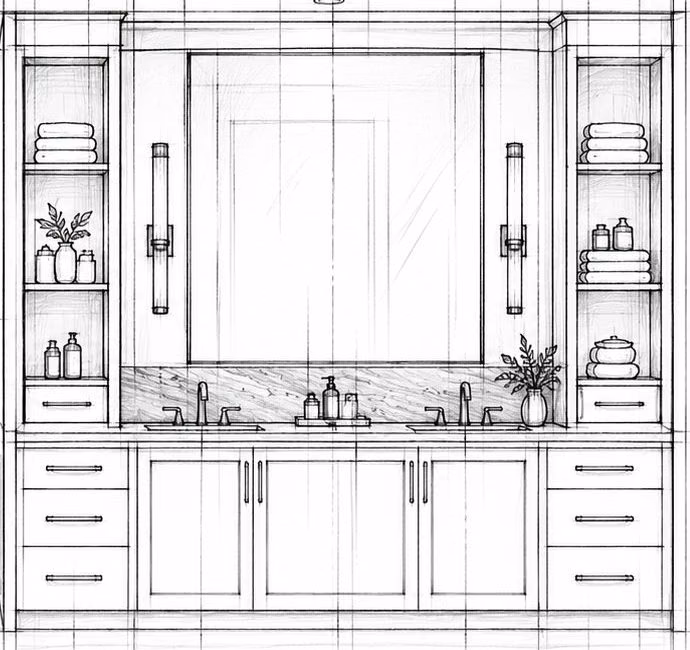 Pencil elevation of a double vanity between two open storage towers