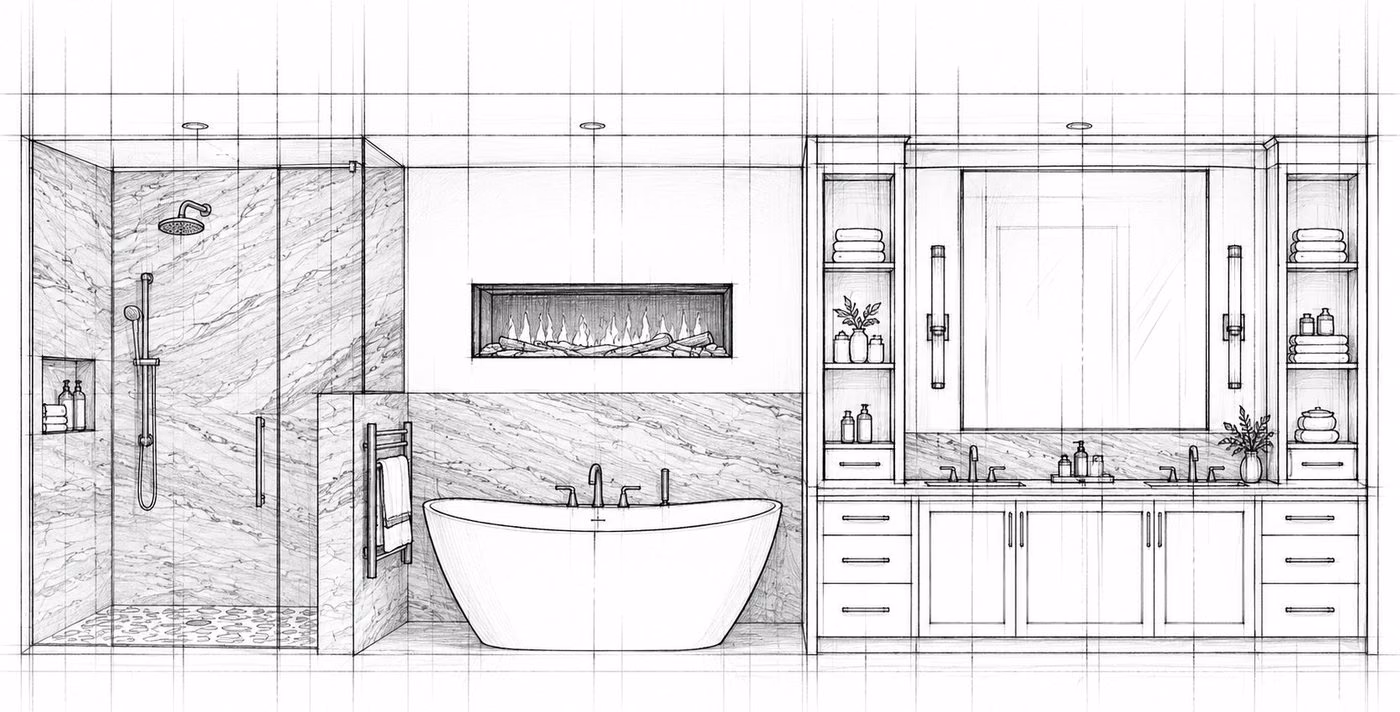 Pencil elevation of a primary bath: walk-in shower, freestanding tub under a linear fire, and a double vanity